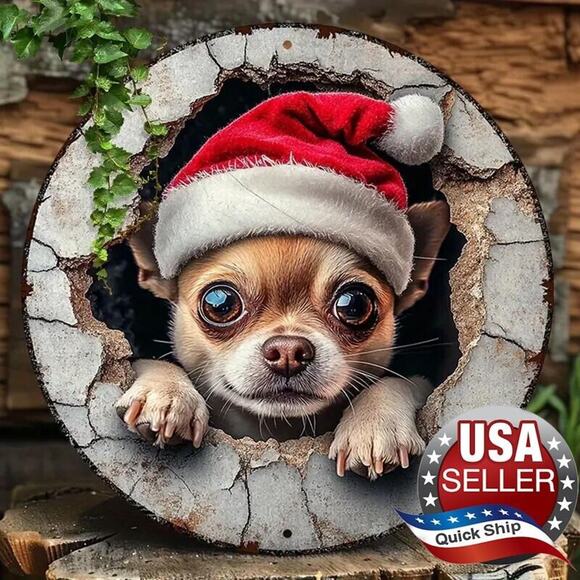 Brown Chihuahua Puppy in Christmas Cap Tin Metal Sign • Round 8x8in •Home Garage - Picture 1 of 8